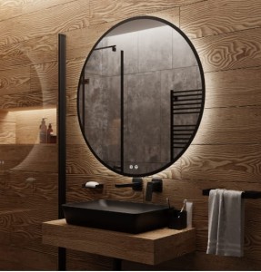 Lustro okrągłe LED fi120 cm włącznik ściemniacz zmiana barwy światła w czarnej ramie. LOFT