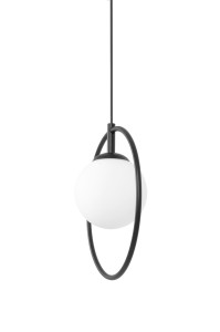 Czarna lampa wisząca z białym kloszem w okręgu