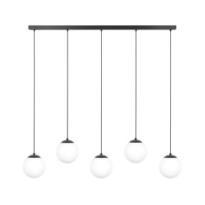 Czarna lampa wisząca z 5 białym kloszami