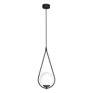 Czarna lampa wisząca z białym mlecznym kloszem
