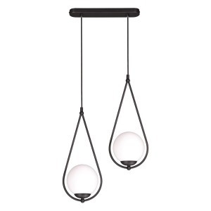 Czarna lampa wisząca z białymi mlecznymi kloszami