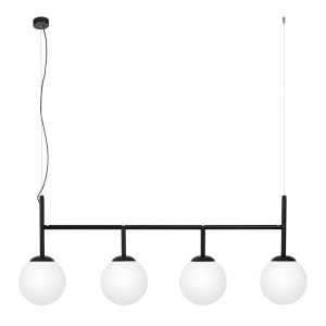Czarna lampa wisząca z 4 białymi mlecznymi kloszami