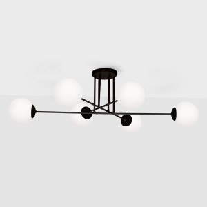 Czarna lampa sufitowa z czterema białymi kloszami 30x105x83