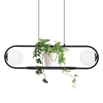Czarna lampa wisząca z białymi mlecznymi kloszami kwietnik