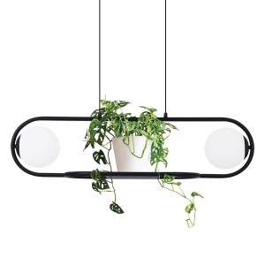 Czarna lampa wisząca z białymi mlecznymi kloszami kwietnik