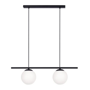 Czarna lampa wisząca z 2 białymi mlecznymi kloszami