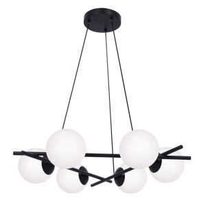 Czarna lampa wisząca z 6 białymi mlecznymi kloszami żyrandol