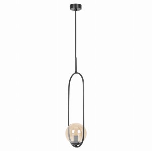 Czarna lampa wisząca z bursztynowym kloszem wewnątrz