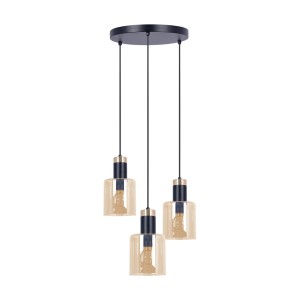 Czarno złota lampa wisząca z 3 bursztynowymi kloszami fi13
