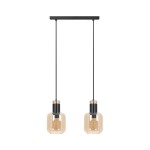 Czarno złota lampa wiszacą z 2 bursztynowymi szklanymi kloszem 90x42x13