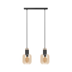 Czarno złota lampa wiszacą z 2 bursztynowymi szklanymi kloszem 90x42x13