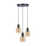 Czarno złota lampa wiszacą z 3 bursztynowymi szklanymi kloszem 90x35x13