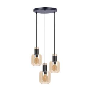 Czarno złota lampa wiszacą z 3 bursztynowymi szklanymi kloszem 90x35x13