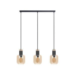 Czarno złota lampa wiszacą z 3 bursztynowymi szklanymi kloszem 90x65x13