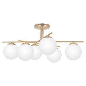 Złota lampa sufitowa z szecioma białymi kloszami