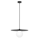Czarna lampa wisząca z białym okrągłym kloszem