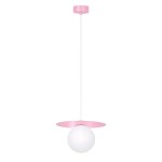 Różowa lampa wisząca z białym okrągłym kloszem