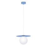 Niebieska lampa wisząca z białym okrągłym kloszem
