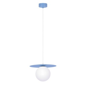 Niebieska lampa wisząca z białym okrągłym kloszem