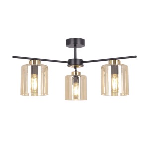 Czarno złota lampa z 3 bursztynowymi szklanymi kloszami żyrandol