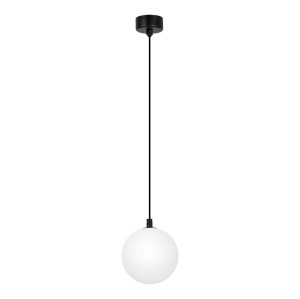 Czarna lampa wisząca z białym kloszem kula