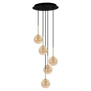 Czarna lampa wisząca z pięcioma bursztynowymi kloszami