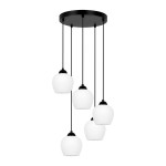Czarna lampa wisząca z 5 białymi kloszami dzwonki