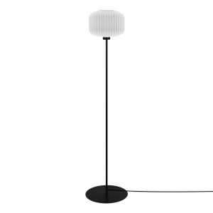 Czarna lampa podłogowa z białym ryflowanym kloszem