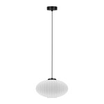 Czarna lampa wisząca z białym ryflowanym owalnym kloszem