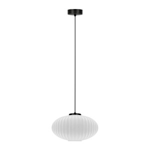 Czarna lampa wisząca z białym ryflowanym owalnym kloszem
