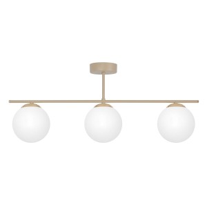 Beżowa lampa sufitowa z trzema białymi kloszami