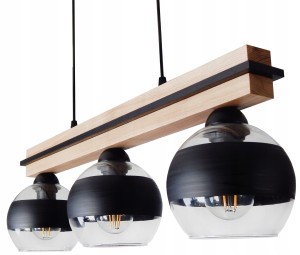 Lampa sufitowa wisząca nad stół trzy szklane klosze czarny mat. Kolory drewna do wyboru.