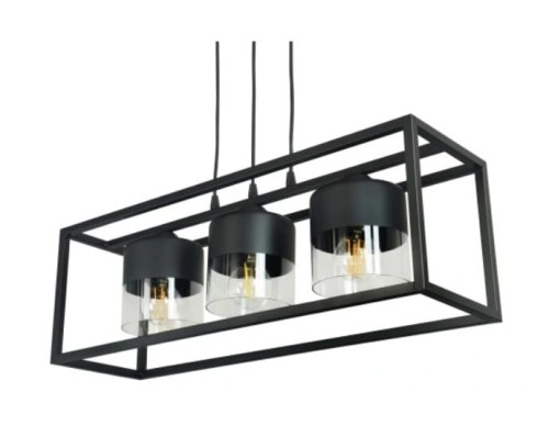 lampa loft do salonu hotelu z trzema szklanymi kloszami Bellissimo Nero wisząca czarna LOFT 3 szklane klosze