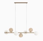 Beżowa lampa wisząca z białymi i  bursztynowymi kloszami 7xG9