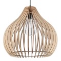 Lampa wisząca, sufitowa. Lampa drewniana w stylu boho. Kolor naturalny, duży klosz, gwint / trzonek E27. Lampa do jadalni nad stół, lampa do kuchni lub salonu. Zbliżenie na klosz.