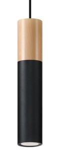 Lampa sufitowa wisząca czarna + drewno jedna tuba GU10