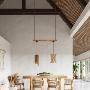 Lampa wisząca sufitowa naturalne drewno asymetryczna tuba E27