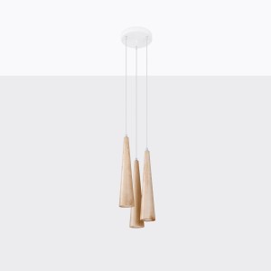 Lampa wisząca naturalne drewno trzy klosze dzwonki GU10