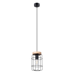 Lampa wisząca czarna stalowa jeden klosz z pręcikami drewno E27
