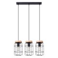 Lampa wisząca czarna stalowa trzy klosze z pręcikami drewno E27