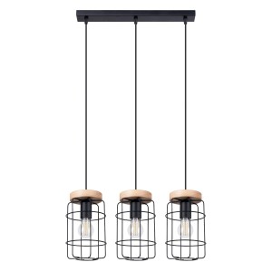 Lampa wisząca czarna stalowa trzy klosze z pręcikami drewno E27