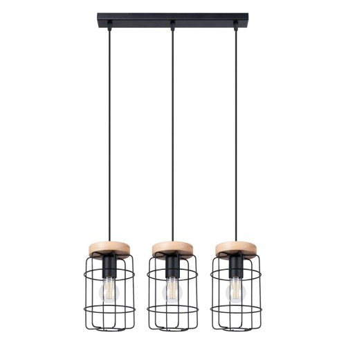 Lampa wisząca czarna stalowa trzy klosze z pręcikami drewno E27