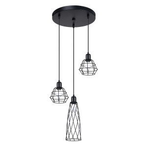 Lampa wisząca czarna stalowa trzy klosze z pręcikami różne E27