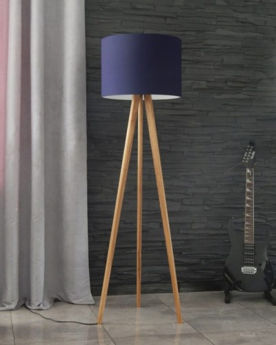 Lampa podłogowa 166 cm stojąca Loft TROJNÓG, połączenie drewna i abażur. Różne kolory drewna i abażuru do wyboru. Lampa do salonu, sypialni, jadalni, korytarza.