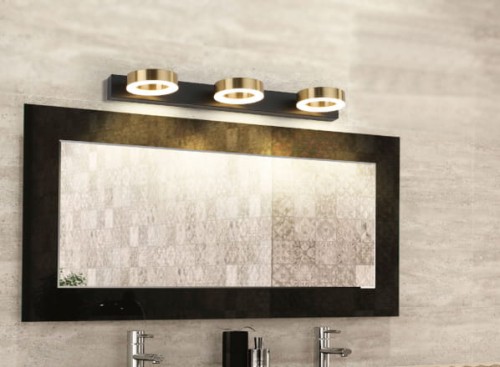 Kinkiet LED czarno złoty metalowy szklany trzy klosze okrągłe 55 cm lampa nad obraz lustro do łazienki, nowoczesne lampy do łazienki nad lustro