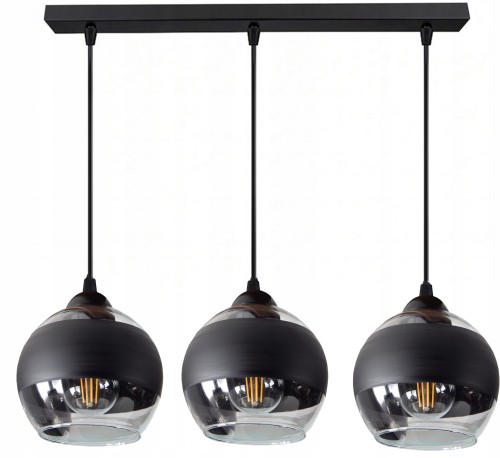 Lampa sufitowa wisząca nad stół trzy szklane klosze czarny mat. Regulowana wysokość.