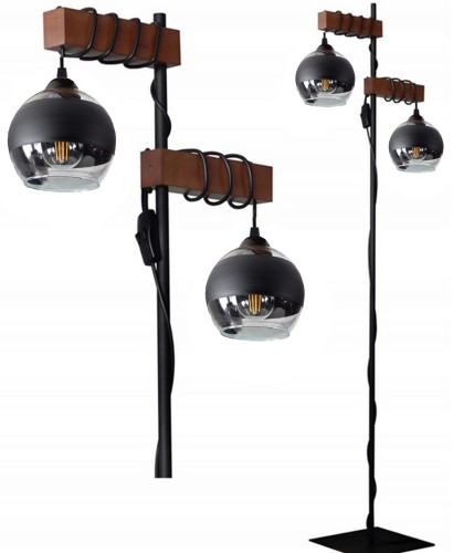 Lampa podłogowa stojąca Loft czarny + drewno + szklane klosze 150 cm. Różne kolory drewna do wyboru. Lampa do sypialni, salonu, biura.