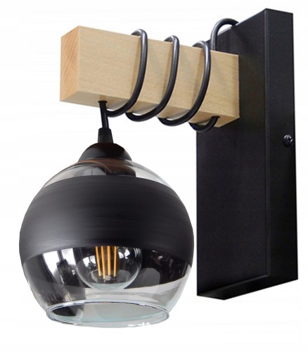 Kinkiet ścienny drewniany + szkło - średnica klosza 15 cm. Różne kolory drewna do wyboru. Lampa do salon, jadalnia, korytarz, hol, sypialnia.