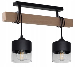 Lampa sufitowa wisząca nad wyspę, stół, dwa szklane klosze, walce. Regulowana wysokość