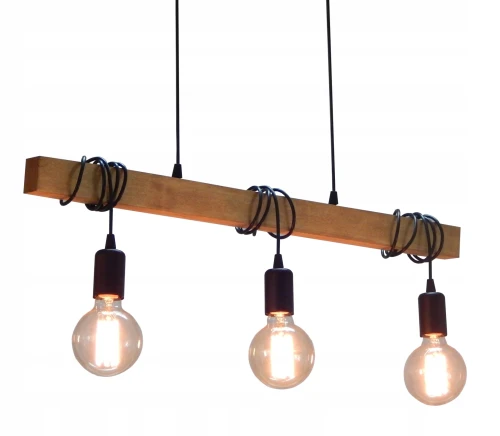 Lampa sufitowa wisząca czarna + drewno. Różne kolory drewna do wyboru.  Drewniana lampa nad stół, blat kuchenny, wyspę kuchenną. Drewno, żarówki, czarny kabel. Styl skandynawski, surowy, industrialny, nowoczesny.